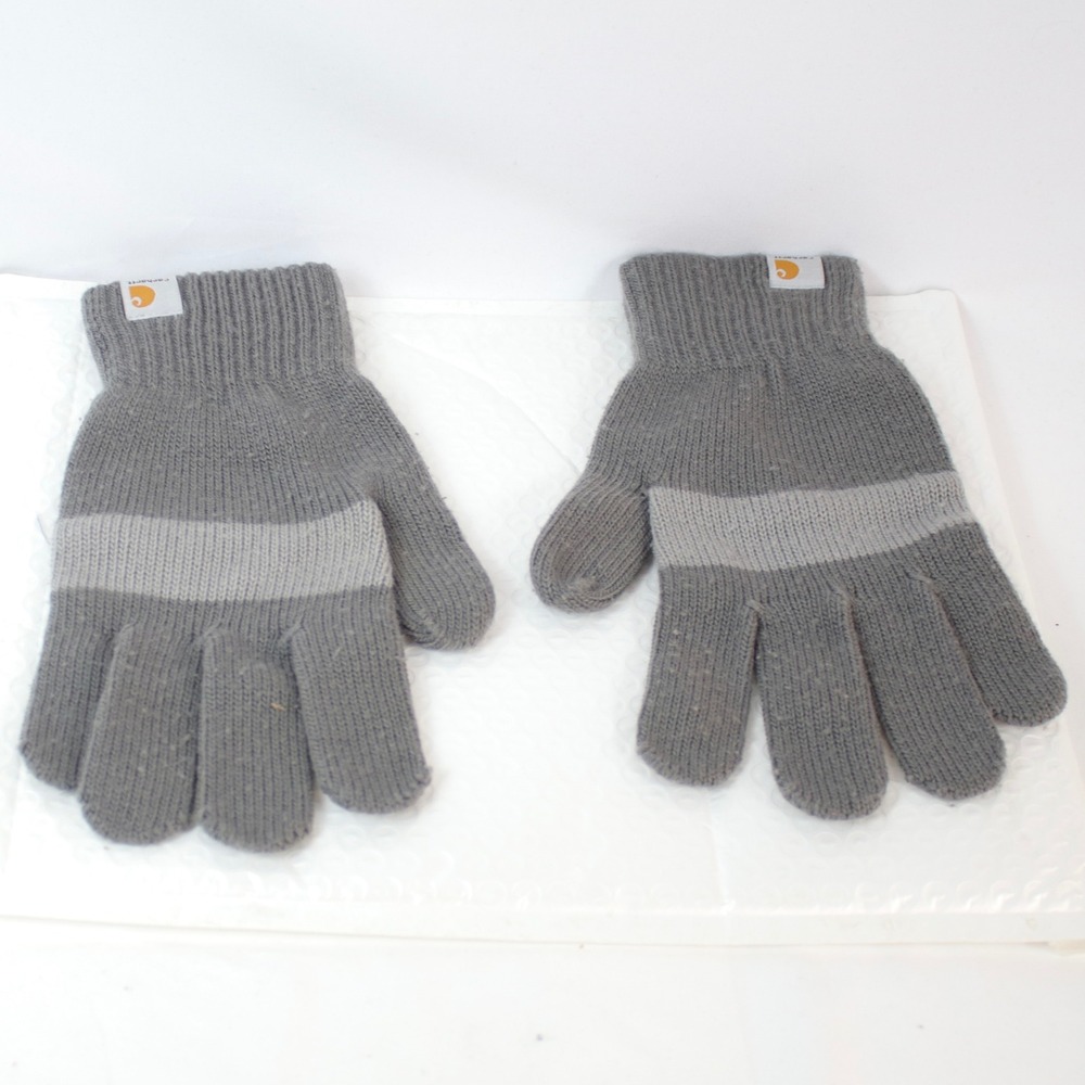 Carhartt Gray Knit Reinforced Palm Ribbed Cuff Stripe Logo Winter Gloves
